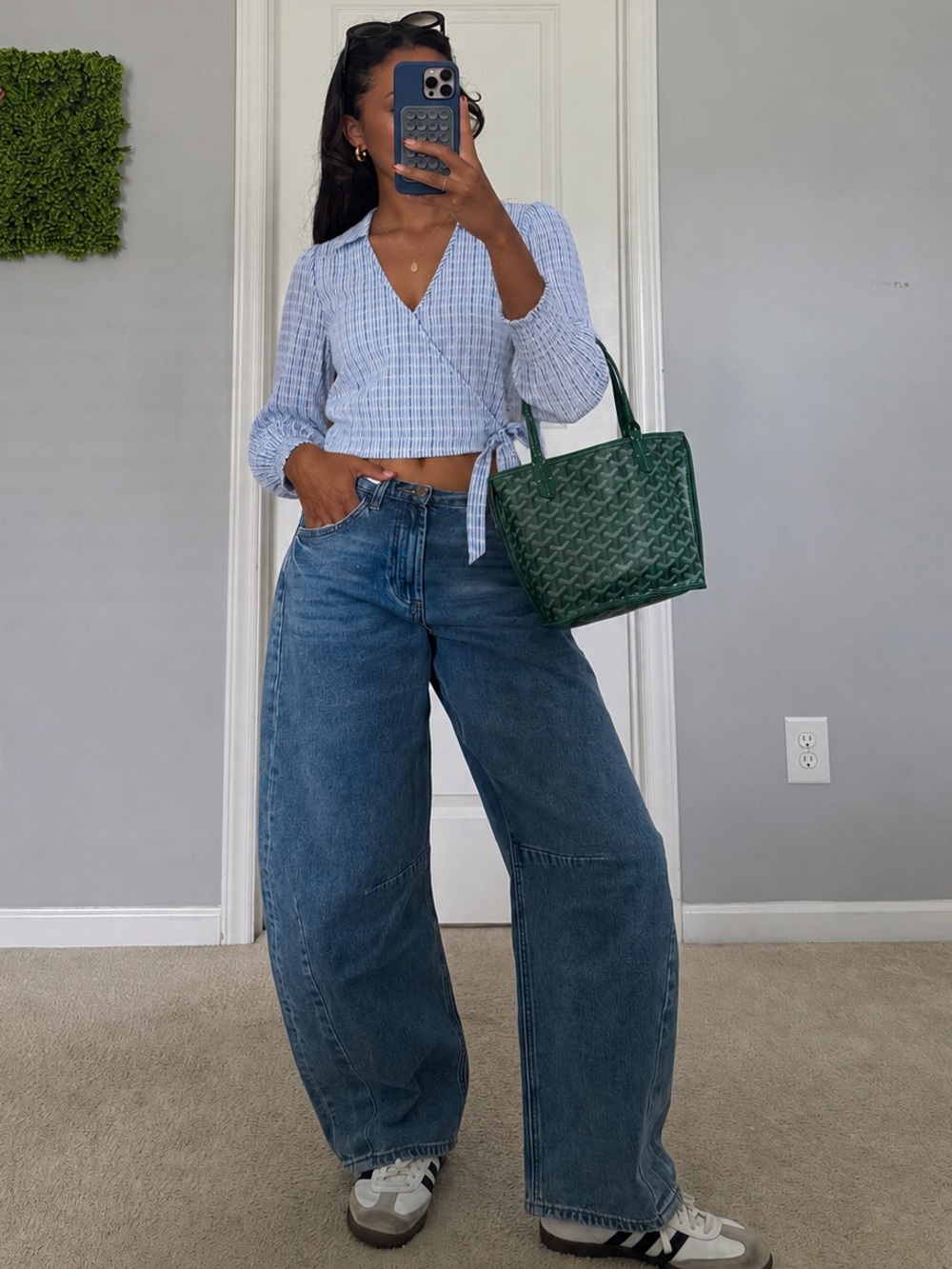 American Eagle Blue & White Striped Wrap Crop Top | Long Sleeve Tie Front Blouse